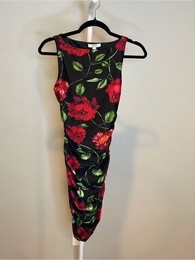 AFRM Black Midi Dress with Red Rose & Green Leaf Print Small NWOT